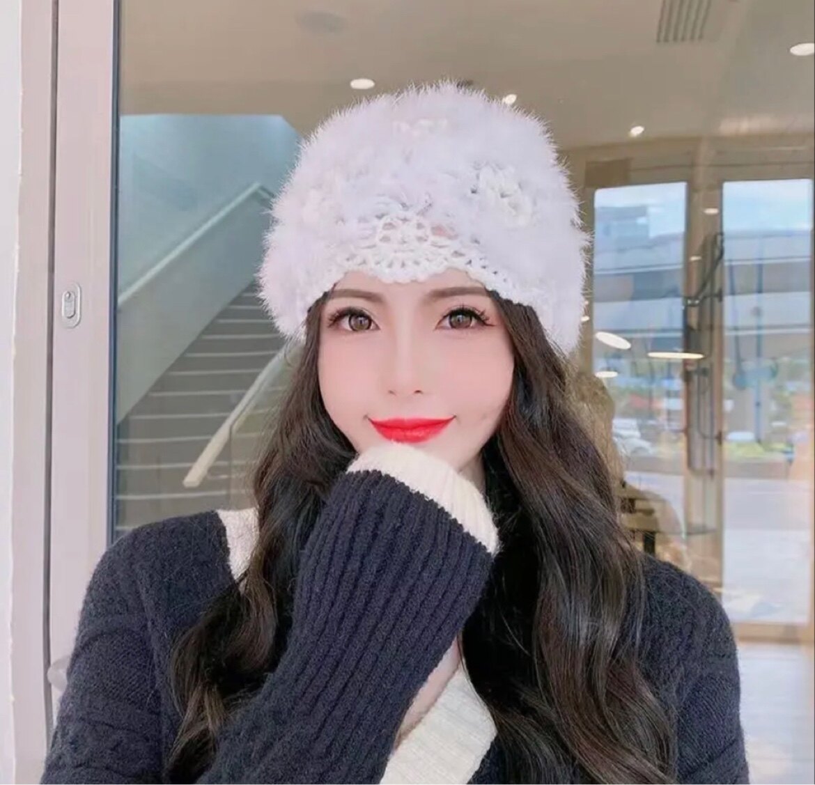 毛毛帽子真毛兔毛绒皮草帽韩版百搭防寒保暖毛线针织包头帽女冬季