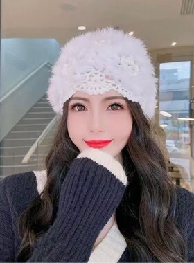 毛毛帽子真毛兔毛绒皮草帽韩版百搭防寒保暖毛线针织包头帽女冬季