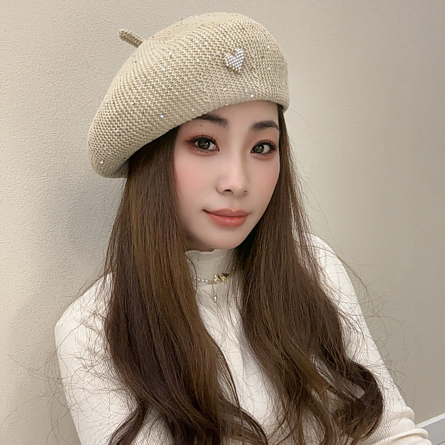 日系复古亮片珍珠爱心扣贝雷帽女