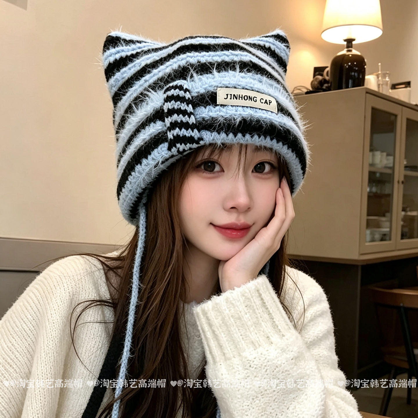 可爱猫耳条纹绑带毛绒针织帽女