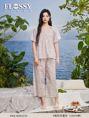 弗劳思 2026梭织巴厘纱100%棉九分袖九分裤女士睡衣套装B36S152