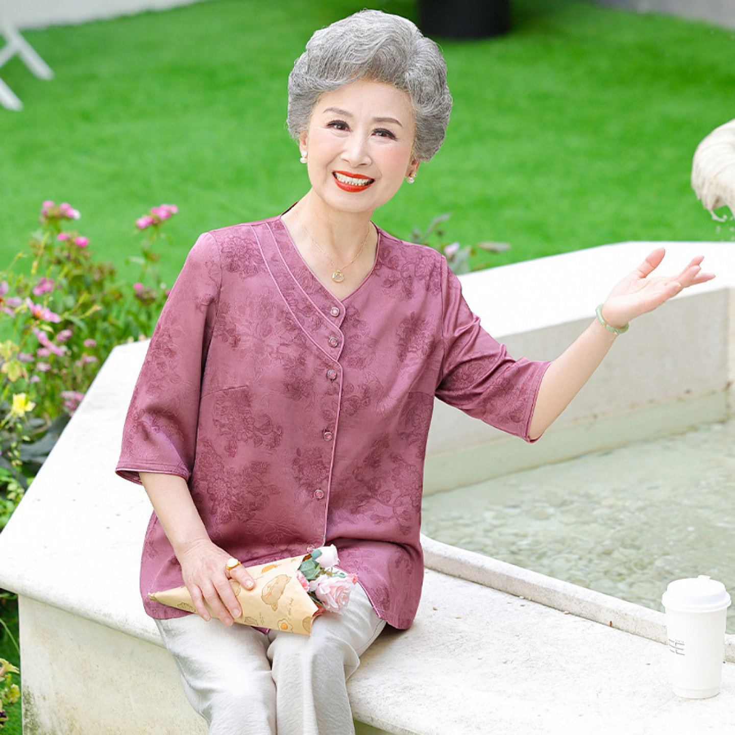 【桑蚕丝100%】妈妈中老年人上衣裤子两件套装奶奶夏装衬衫女真丝