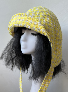 原创秋冬时尚可爱显脸小加厚保暖飞行帽披肩帽子小香风黄色骑行帽