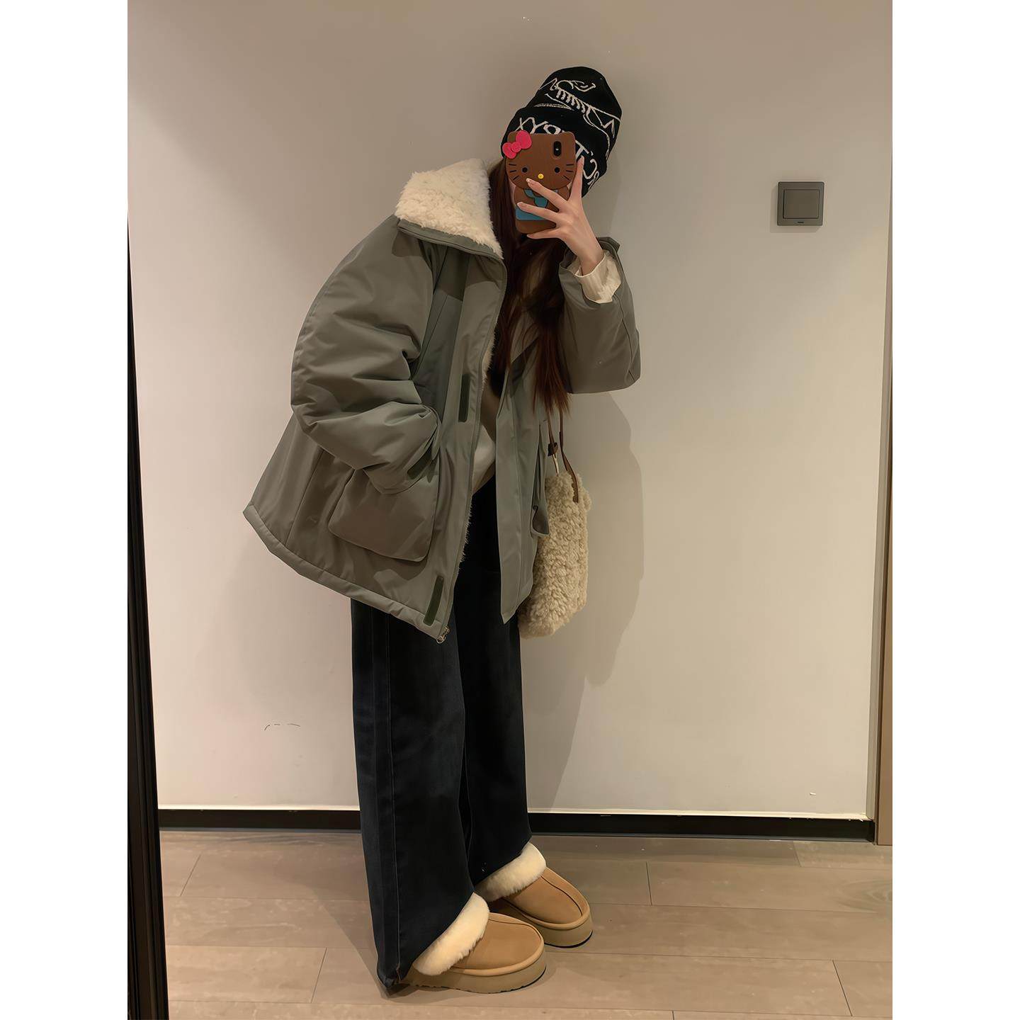 2025冬季韩式街头风羊羔毛领派克服女中长款加厚保暖工装棉服外套