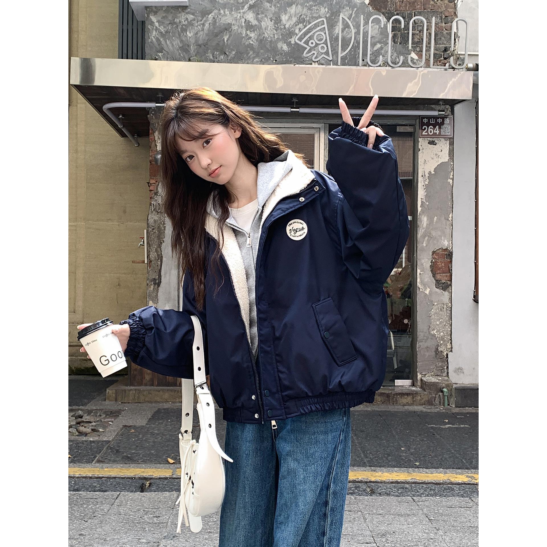 美式复古短款羊羔毛加绒棉服