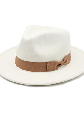 时尚蝴蝶结礼帽桃心顶大檐米白色爵士帽龙凤呢男女均可Fedora Hat