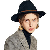 民族风女爵士礼帽秋冬新款 女毛呢帽子简约呢毡大檐帽Fedora Hat