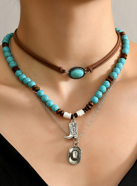 西部牛仔风项链牛仔靴仙人掌造型