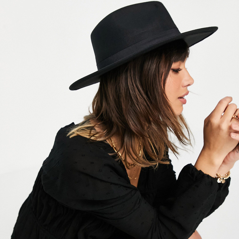 大沿礼帽黑色毛呢英伦帽子男女爵士帽复古帽摄影凹造型fedora hat