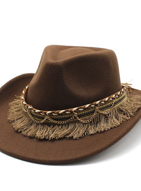 复古民族风流苏毡帽男舞蹈爵士帽子英伦摄影毛呢礼帽 Cowboy Hat