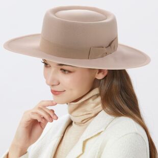 男女士时尚平顶毛呢礼帽新款英伦优雅圆环型凹呢子8.5cm大檐帽