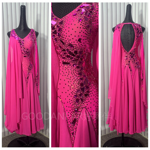 定制smooth ballroom dress国标摩登舞蹈表演出比赛服玫红色长袖