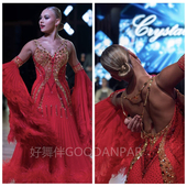 进口珍珠丝鸵鸟毛新款 摩登比赛服华尔兹演出大摆连衣裙定制红色