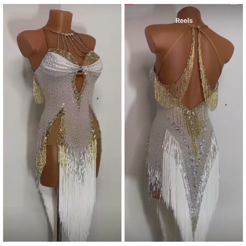 GOODANPAR拉丁比赛服艺考伦巴恰恰牛仔表演舞蹈服流苏裙白色