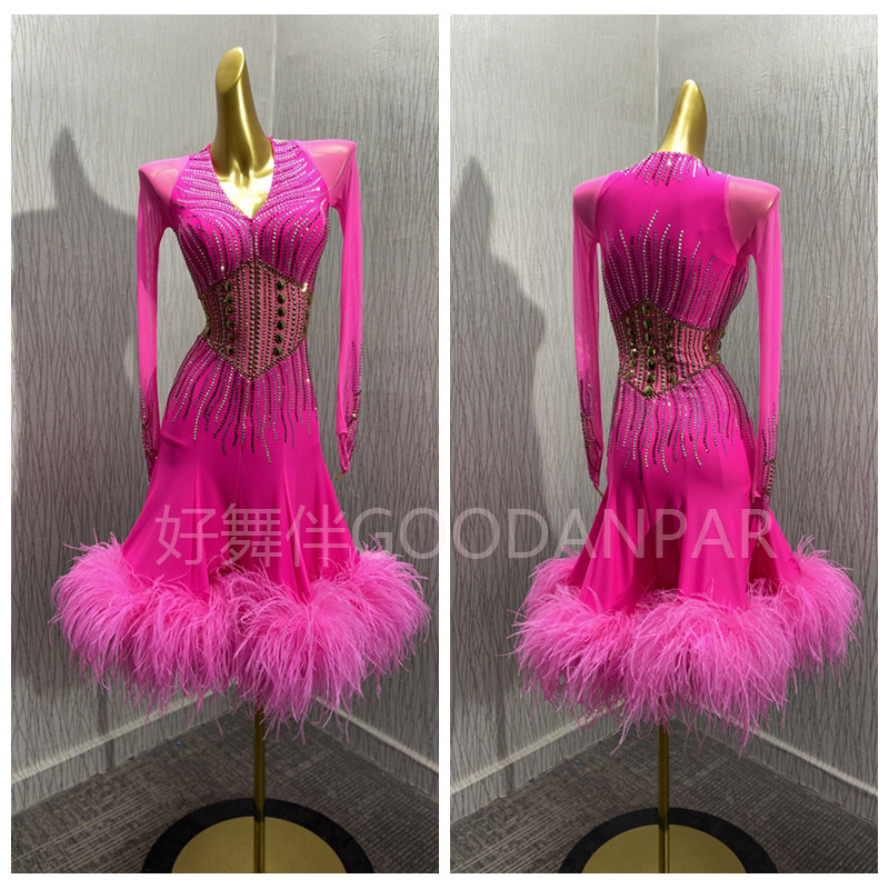 新款GOODANPAR 恰恰拉丁舞演出服定制专业牛仔伦巴比赛花服鸵鸟毛