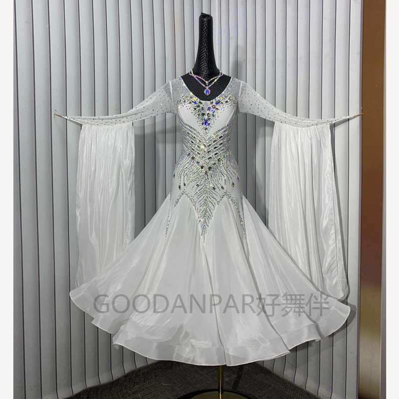 摩登比赛服华尔兹演出大摆连衣裙摩登舞蹈服白色珍珠丝下摆长袖