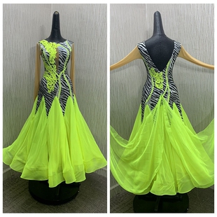 摩登华尔兹探戈比赛表演舞服仿奥钻斑马荧光黄长袖