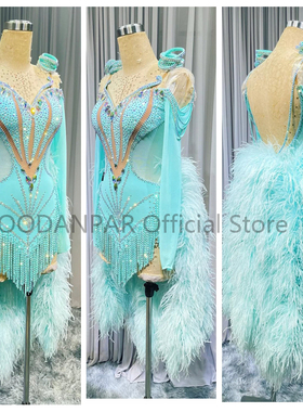 新款拉丁比赛服艺考伦巴恰恰牛仔表演舞蹈服花服鸵鸟毛