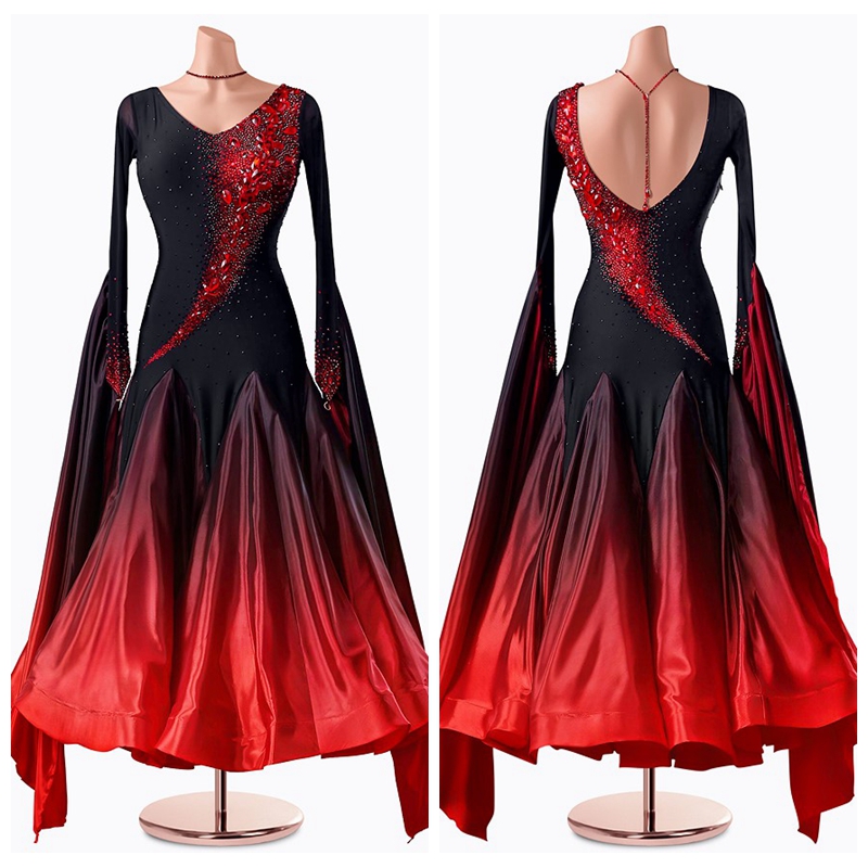 新款定制摩登比赛表演服连衣裙黑红珍珠丝渐变下摆长袖