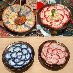 善渊日式 陶瓷蓝粗线色拉盘圆盘浅盘刺身盘多用盘日料烧鸟餐厅餐具