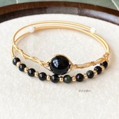 女款 14k包金 手链手串 双层双圈手镯 天然彩虹眼黑曜石圆珠
