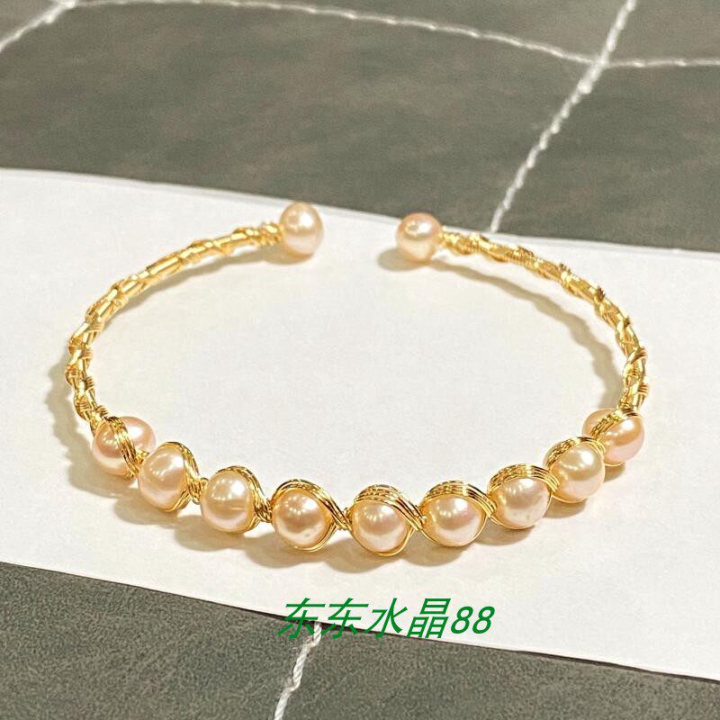 天然原创款 14k包金绕线手工手镯 粉珍珠 单排 手链手镯 饰品