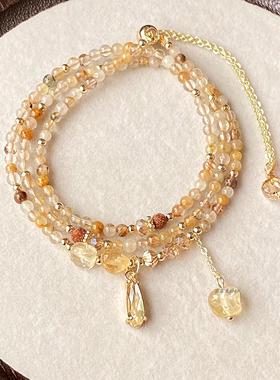 天然水晶珠宝多层 焦糖色黄兔毛黄水晶 发晶三圈手串手链手饰