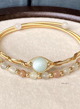 14k包金天然白月光石 彩月光石橙太阳石灰月光石双层圆珠手链手镯