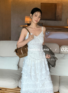THREES LING ® 033 秋季新款提花须边吊带上衣+半身裙#D031-D029