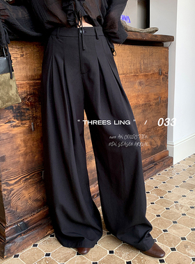 THREES LING ® 033 秋季新款宽松百搭黑色阔腿休闲裤#D237