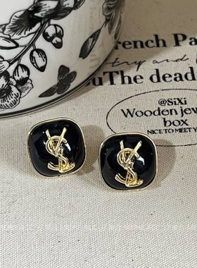 原生感贵气~ins韩系时尚VSL字母黑色小方圆耳钉金属设计感耳饰女