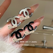 松弛感小香 优雅黑灰醋酸几何交叉耳钉复古千金感夸张大耳环 法式