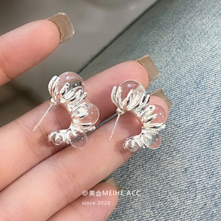 人鱼泪珠 ins清冷感透明珠C型耳环夏日透明水晶白氛围感耳饰女