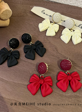 超温柔der韩国红色蝴蝶结耳环高级轻奢麟纹甜美夸张可爱少女耳饰