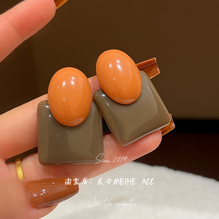 独特创意耳饰 复古撞色方圆树脂贴片夸张大耳环个性 暖秋橘棕 法式