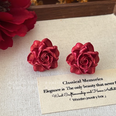 热烈洋红~复古优雅瑰红色浪漫花朵耳钉法式温柔花瓣耳环温柔女