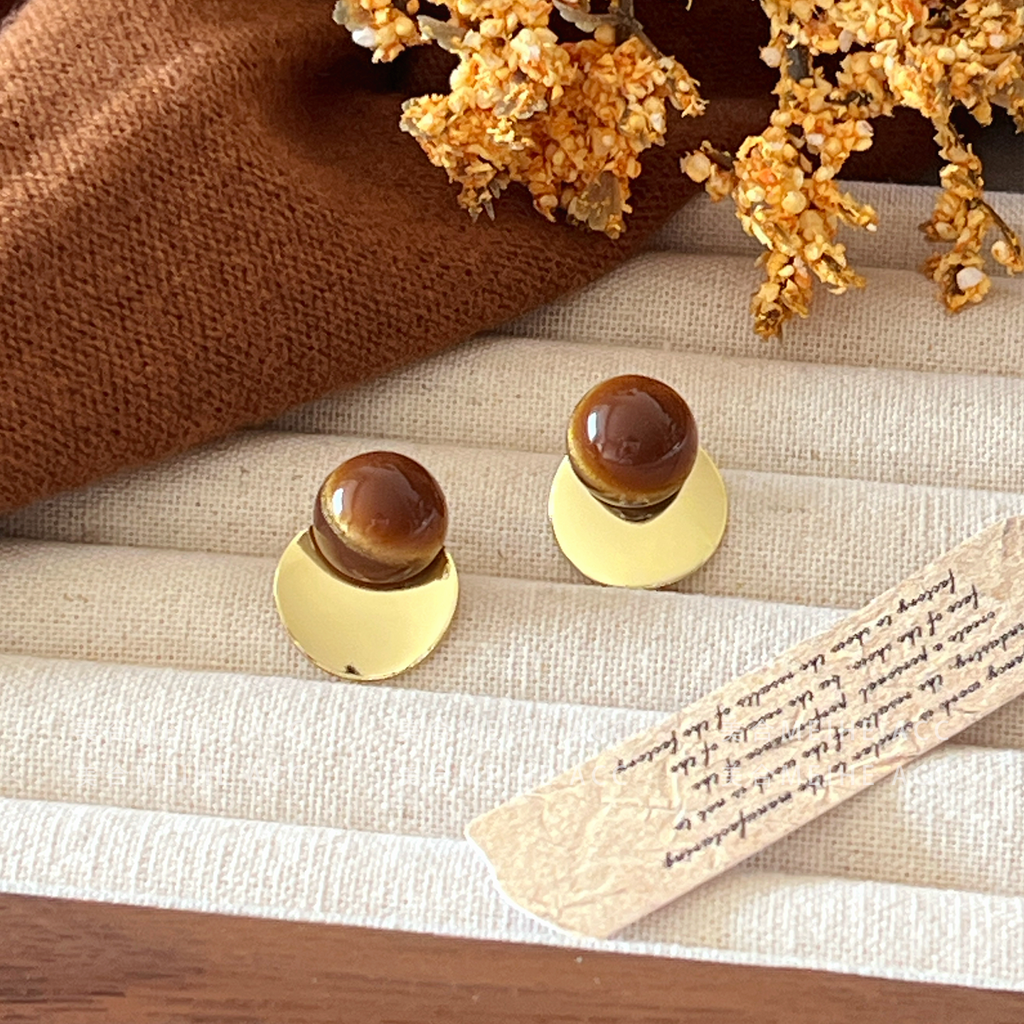 气质大小姐~法式轻奢高级感猫眼树脂珠子圆片耳环后戴设计耳钉女