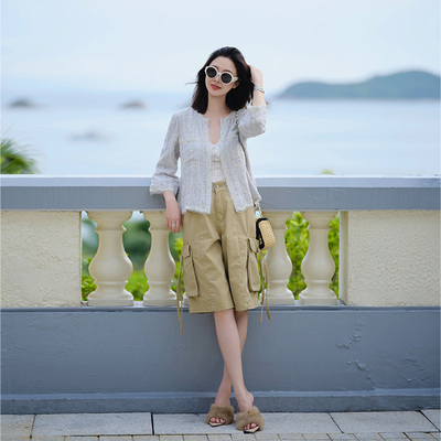 卡其做旧工装中裤夏季百搭新款