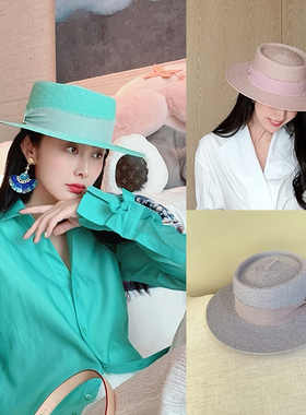 TRACY CHU 手编帽辫冰绿色/奶蓝色/粉丝色平顶帽