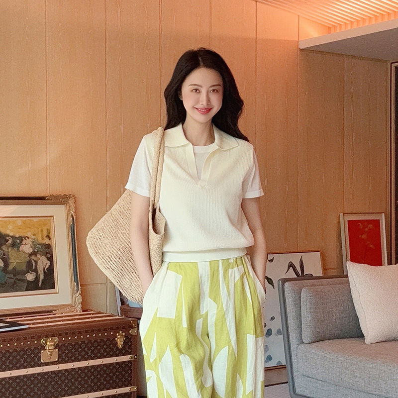 TRACY CHU 奶黄色高智感新知识分子风温柔知性拼接翻领套头POLO衫