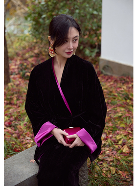 TRACYCHU黑色混蚕丝丝绒拼玫粉蚕丝时髦新中式外套气质复古冬季款