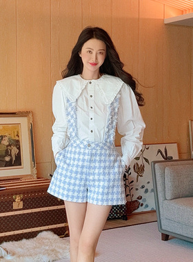 TRACYCHU天蓝色格子粗花呢背带短裤百搭舒适休闲慵懒松弛感炸街风