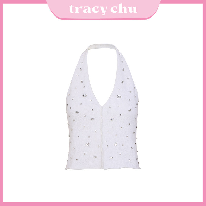 tracychu重工宝石挂脖背心通勤白色无袖时尚休闲百搭气质春季新款