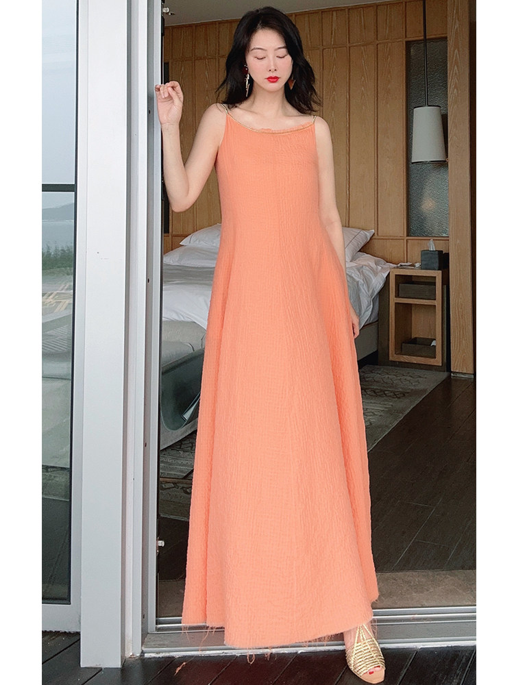 tracy chu 小千谷缩艺术品粉桔色立裁极简吊带连衣裙