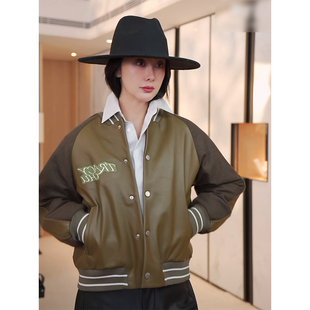 TRACYCHU橄榄绿羊毛拼小羊皮棒球服鹅绒服休闲款美式复古冬季新款