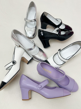 TRACY CHU 手工打造漆皮皮衬皮底 6cm玛丽珍粗跟鞋