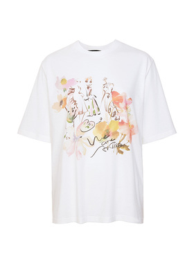 TRACY CHU夏日的小诗白色超舒适款长绒棉手绘涂鸦款T恤度假恋夏风