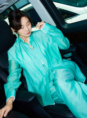 TRACYCHU欧若风双层小千谷缩冰绿色不挑身材款魔术空调裤休闲显瘦