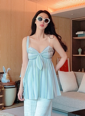 TRACYCHU新品性感少女洋气清爽海蓝色条纹款蚕丝法式外穿吊带背心