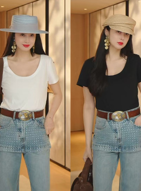 TRACY CHU双面长绒棉舒适大圆领修身T恤白色黑色百搭千金款炸街风